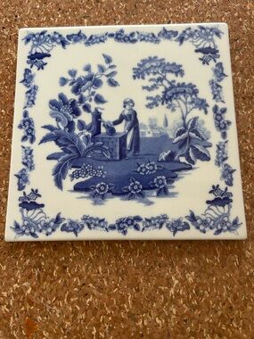 Spode Blue Room Girl At Well 6” “ 6” Square Hanging Trivet. New Old Stock.